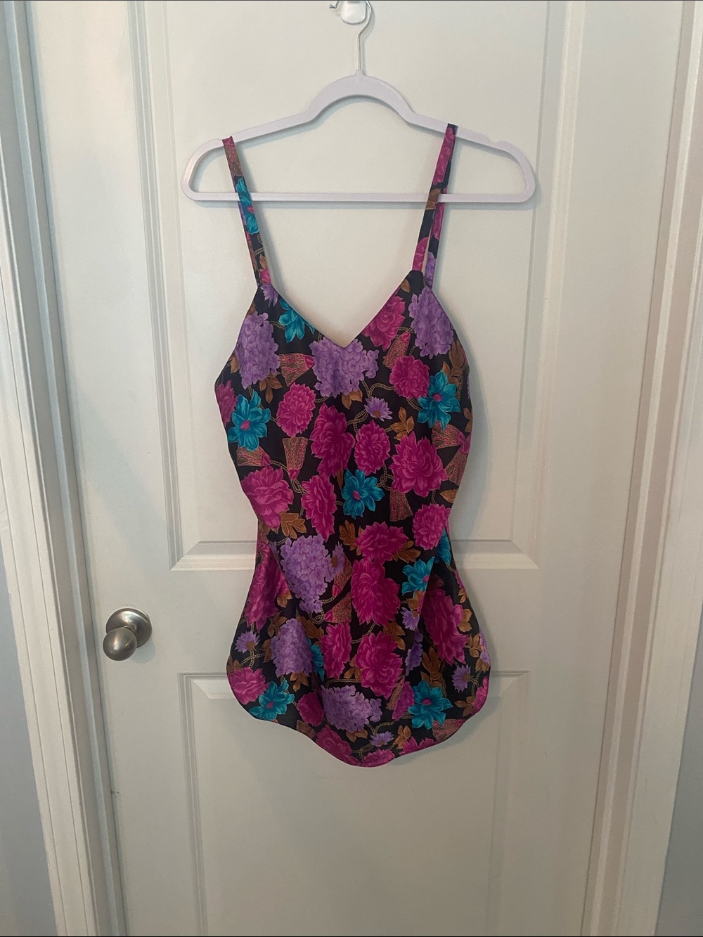 Floral Print Girls' One-Piece Swimsuit in Black with Pink & Purple Flowers